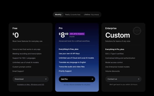 Pricing section preview
