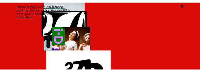 Antinomy Studio 27b section: red banner with overlapping fashion collage, i-D mark, 27b wordmark, and intro copy.