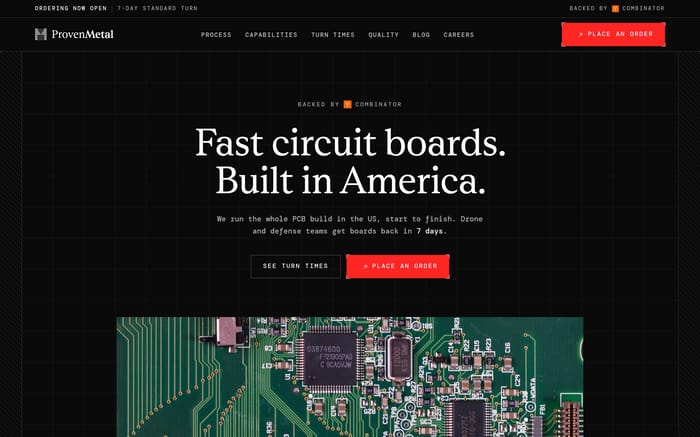 ProvenMetal hero: dark grid, oversized serif headline, dual CTAs, and cropped green circuit board photo.