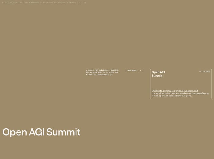 Sentient Foundation event section: khaki field with Open AGI Summit title, framed 02.19.2026 card, and Learn More copy.