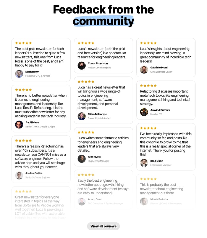 Refactoring testimonials: highlighted community headline above masonry quote cards with stars, avatars, and View all reviews