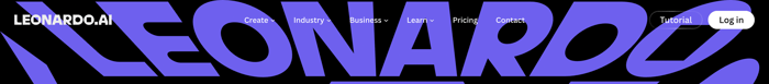 Leonardo.Ai header: compact white nav over a huge cropped purple LEONARDO wordmark on black