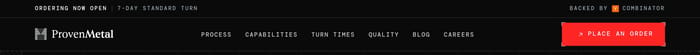 ProvenMetal dark navigation header with announcement bar, logo, all-caps links, and red Place an Order button