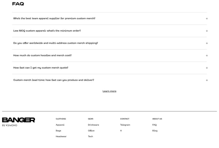 Banger FAQ with stacked questions, plus icons, Learn more link, and BANGER footer navigation.