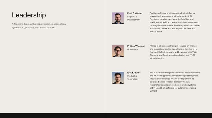 Bayshore leadership section with left intro and three founder portraits, titles, and bios