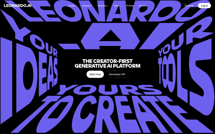 Leonardo.Ai hero: black fullscreen, purple 3D type corridor, centered headline, Start now and Developer API buttons