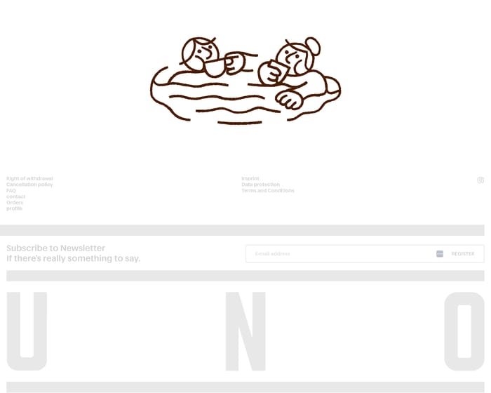 Caffè Uno footer with brown swimmer line drawing, utility links, newsletter form, and oversized UNO letters