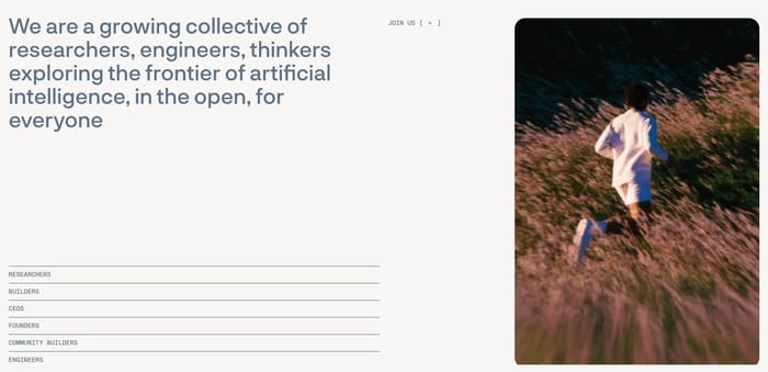 Sentient Foundation about overview: large collective headline, all-caps role list, and photo of a person running through grass