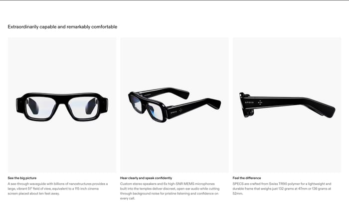 Specs feature highlights: three photos of black AR glasses with copy on display, audio, and weight