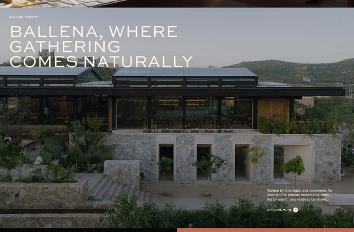 Ballena about section: gathering headline over a dusk photo of the stone-and-glass restaurant, plus Explore More