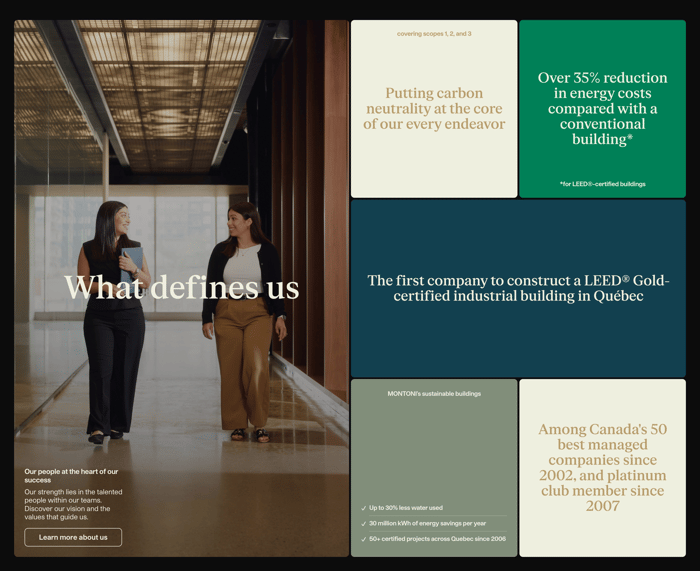 Montoni sustainability stats section: office hallway photo beside colored cards on carbon neutrality, LEED, and energy savings