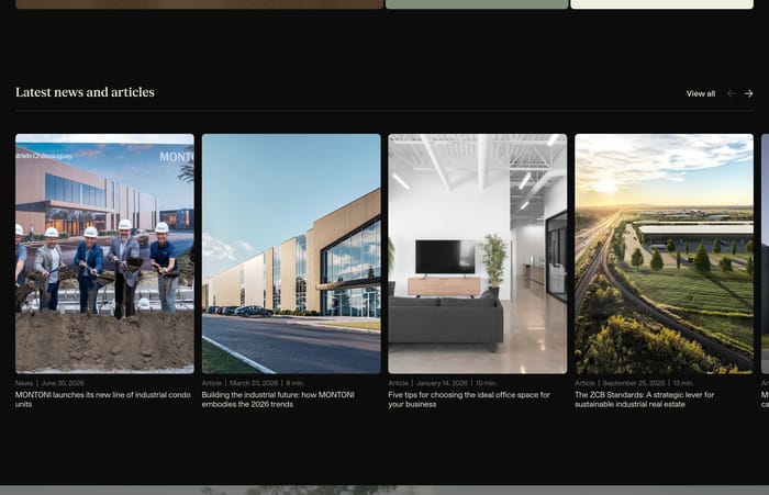 Montoni news section on black: serif heading and a row of photo cards for articles and news.