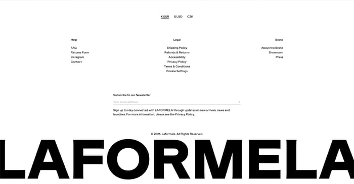 Laformela footer with currency options, Help Legal Brand links, newsletter field, copyright, and oversized LAFORMELA wordmark.