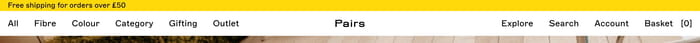 Pairs Socks header: yellow free-shipping banner above a white bar with centered Pairs logo and nav links
