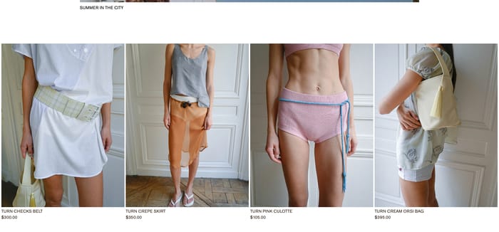 Turn Paris product grid titled Summer in the City with four lifestyle photos of belt, skirt, culotte, and bag.