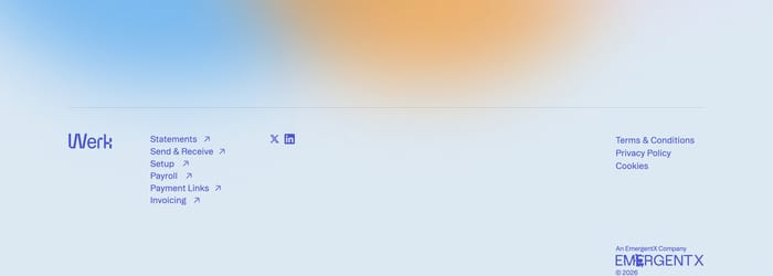 Werk footer with logo, product links, social icons, legal links, and EmergentX credit on a blue-orange gradient.