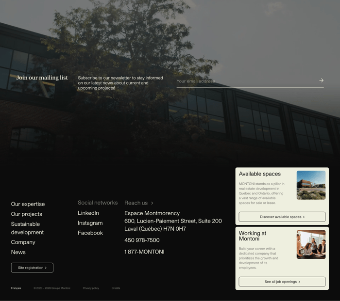 Montoni footer: newsletter form over a dark building photo, plus links, contact details, and two cream promo cards.