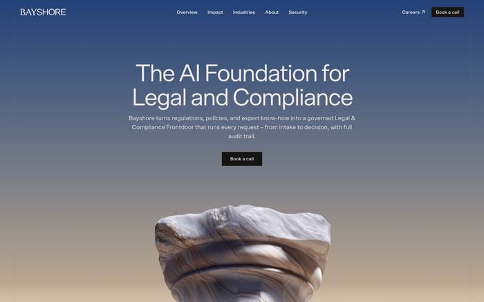 Bayshore hero: nav, centered legal AI headline, Book a call button, and marble column on a blue-beige gradient.
