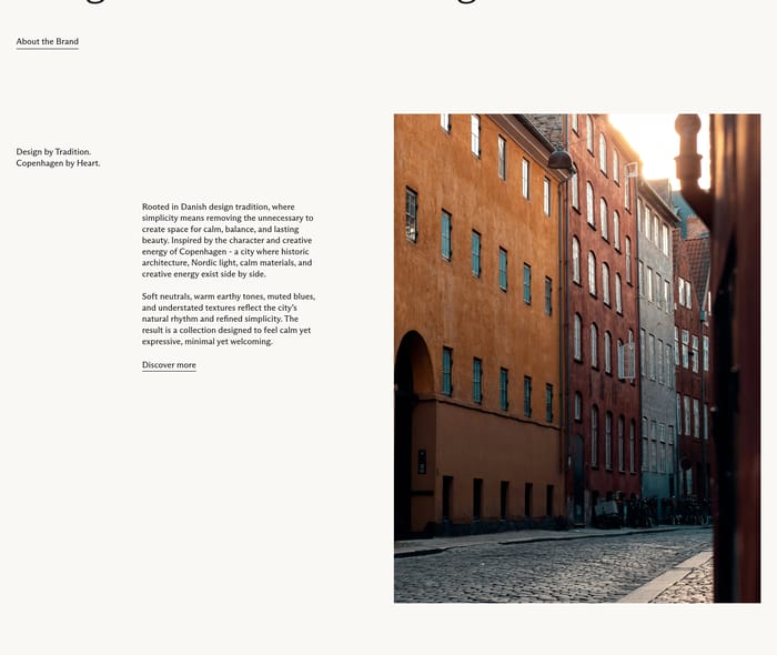 Jakobsen Copenhagen brand story: tradition headline, copy, Discover more, and a Copenhagen street photo