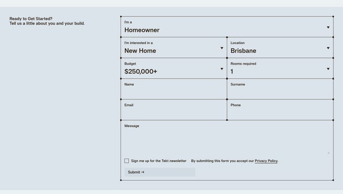Tekt inquiry form with Ready to Get Started heading and a gridded project-details contact form