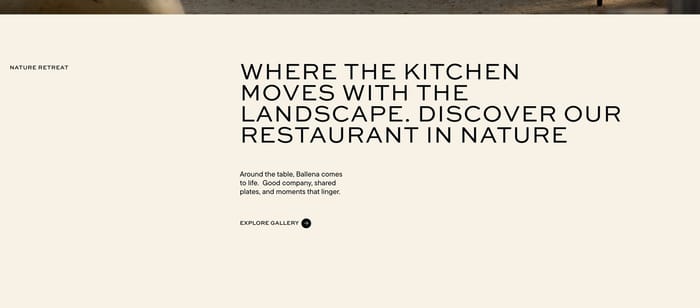 Ballena value proposition with Nature Retreat label, landscape headline, sharing copy, and Explore Gallery link