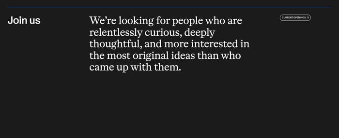 Manual Join us careers section: dark field, left heading, large serif hiring copy, Current Openings button.
