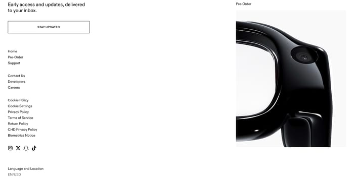 Specs footer with newsletter prompt, legal links, social icons, and a close-up of black AR glasses