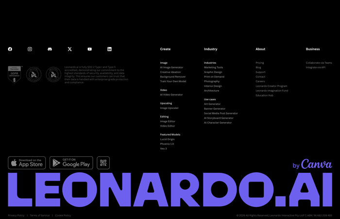 Leonardo.Ai dark footer with social icons, compliance badges, four link columns, app badges, and oversized purple LEONARDO.AI wordmark