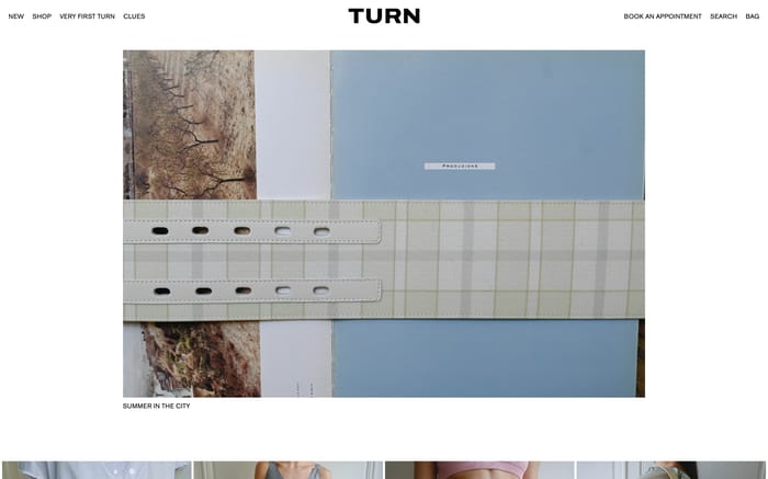 Turn Paris hero: TURN header, still-life of a checkered belt over prints, Summer in the City caption