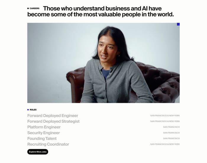 Poetic careers section with a large portrait, AI headline, and open roles listed with locations.