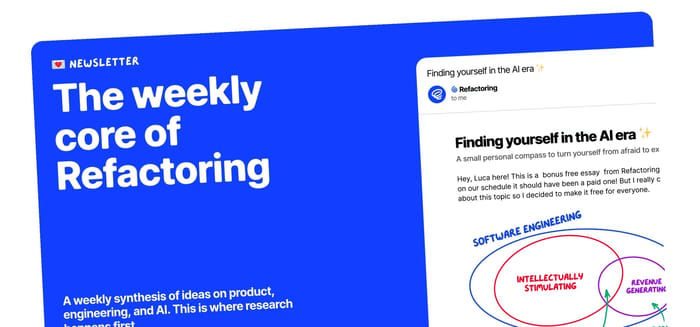 Refactoring newsletter preview with blue headline panel and overlapping email about Finding yourself in the AI era