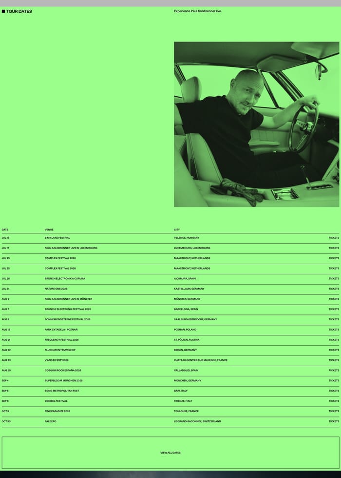Paul Kalkbrenner tour dates section: lime-green layout with car portrait and a table of dates, venues, cities, tickets.