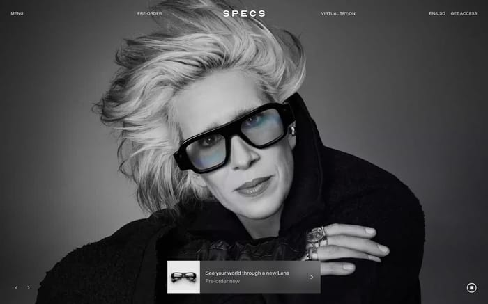 Specs hero: black-and-white portrait of a person in large AR glasses, with a pre-order card overlay.