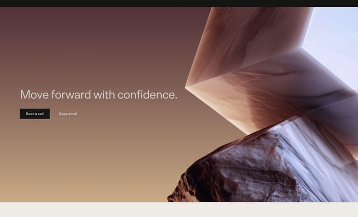 Bayshore final CTA with Move forward with confidence, Book a call and Copy email on a warm abstract image.