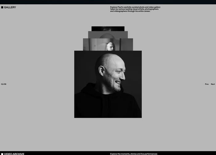 Paul Kalkbrenner gallery with stacked black-and-white portraits, 01/08, and Prev Next on gray