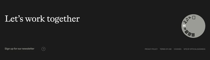 Manual footer: Let's work together headline, circular lettered mark, newsletter prompt, and legal links on black.
