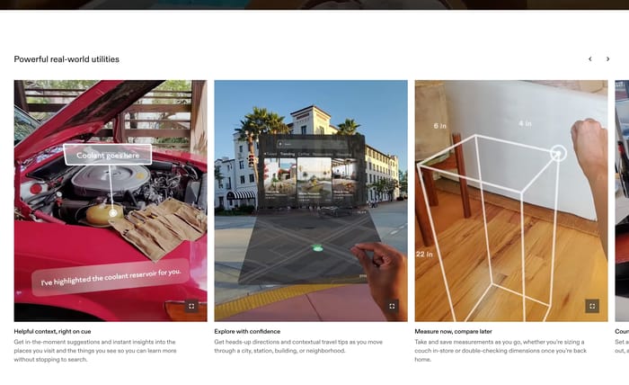 Specs utilities feature: photo cards of AR coolant help, a city map overlay, and furniture measurements