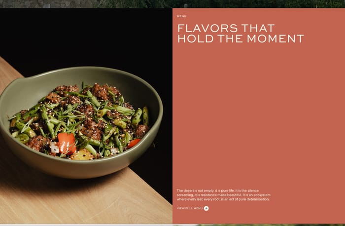 Ballena menu highlights: stir-fry in a green bowl beside a terracotta panel titled Flavors That Hold the Moment