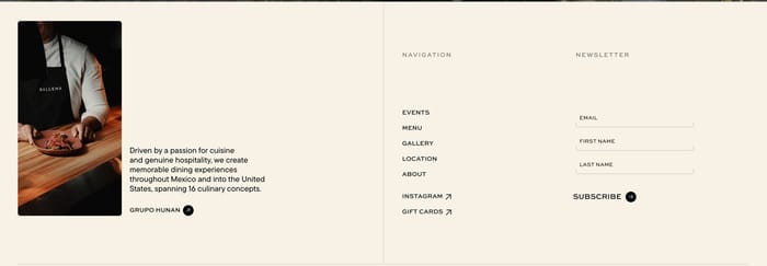 Ballena footer with chef photo, Grupo Hunan copy, navigation links, and newsletter fields on cream.