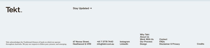 Tekt footer showing logo, Stay Updated, Traditional Owners note, address, contact, social links, and navigation.