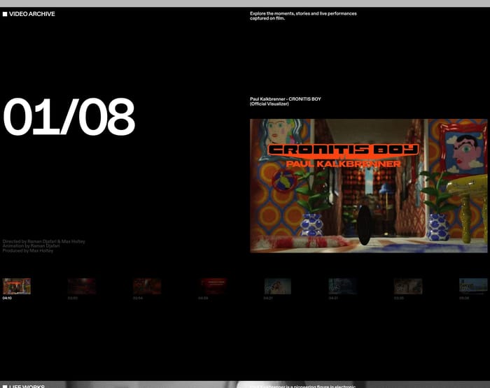 Paul Kalkbrenner video archive with 01/08 index, Cronitis Boy still, credits, and eight thumbnails.