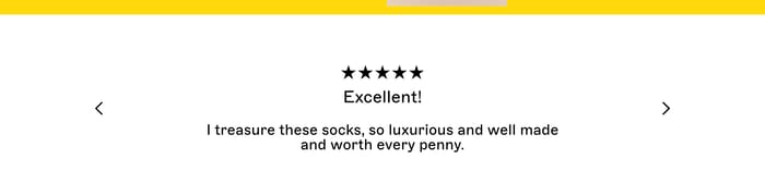 Pairs Socks reviews carousel with five stars, Excellent heading, luxury socks quote, and side arrows