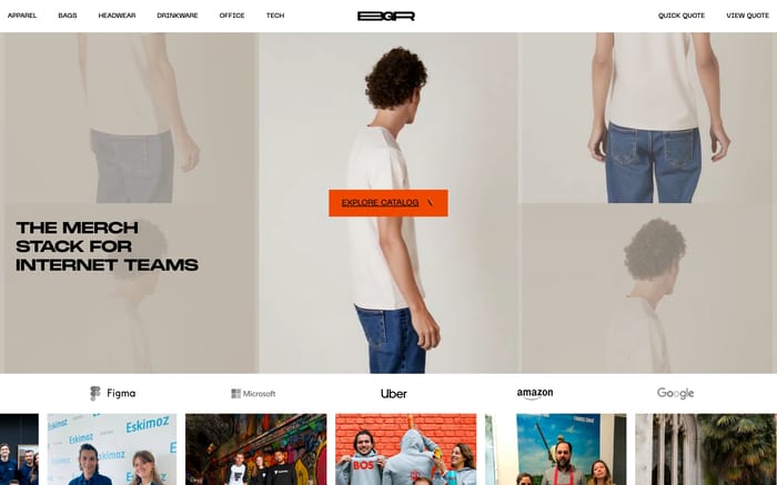Banger hero with three-column cream-tee photos, all-caps headline, and orange Explore Catalog button