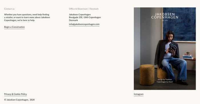 Jakobsen Copenhagen contact footer with help text, Denmark address, email, and a seated photographer photo.