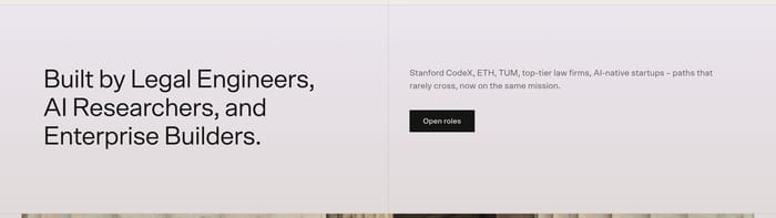 Bayshore team section with large Built by headline, Stanford ETH TUM copy, and Open roles button