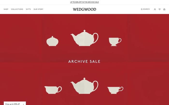 Wedgwood hero: red Archive Sale banner with cream teapot and cup silhouettes plus a shop-off label