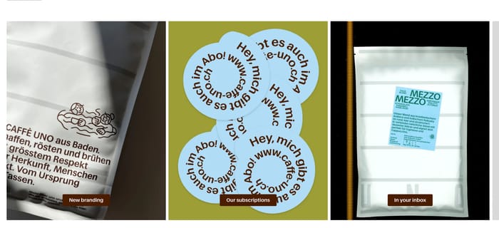 Caffè Uno feature cards: coffee bag, circular Abo stickers, Mezzo Mezzo pack, brown labels