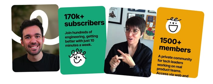 Refactoring highlight of four overlapping cards: portraits plus 170k+ subscribers and 1500+ members stats