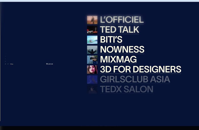 Fromanother press section: stacked all-caps media names with small thumbnails on a dark navy field