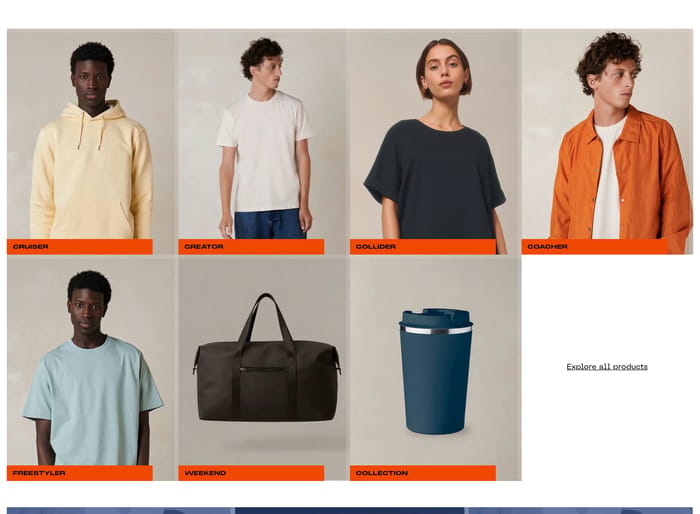 Banger product gallery: four-column studio grid of apparel, a bag and a cup with orange name bars.